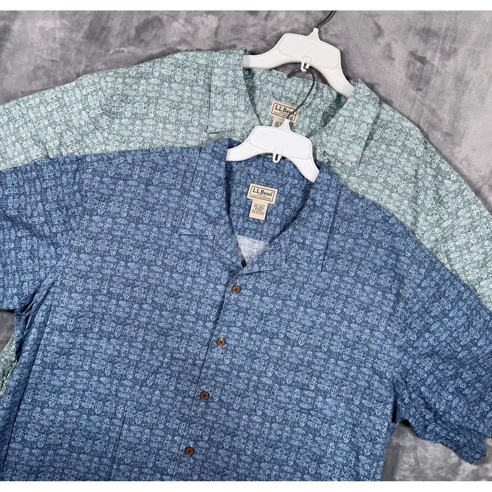 LL Bean Button Up Shirt Mens 2XL Tall Lot Bundle 2 Blue Green Fishing Printed